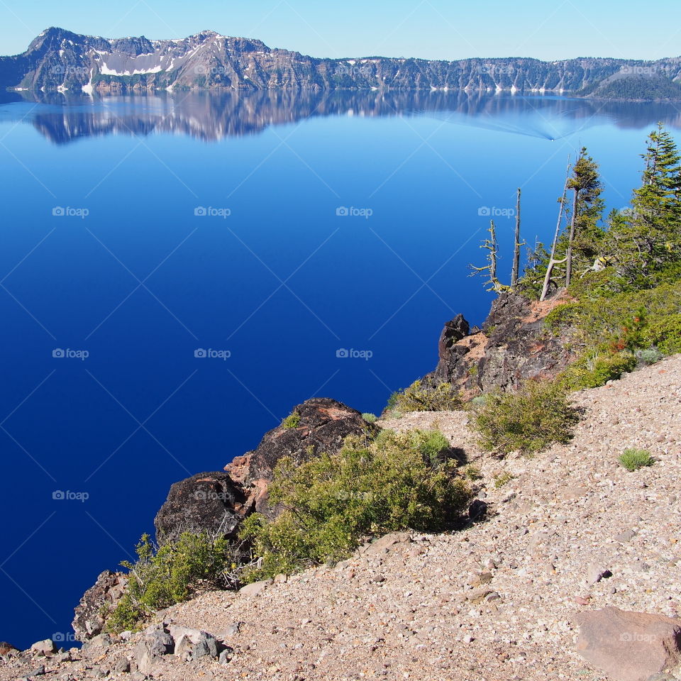 The steep tree and boulder covered ledge into the deep rich blue waters of Crater Lake with Wizard Island and the reflecting in the water in Southern Oregon on a beautiful summer morning.