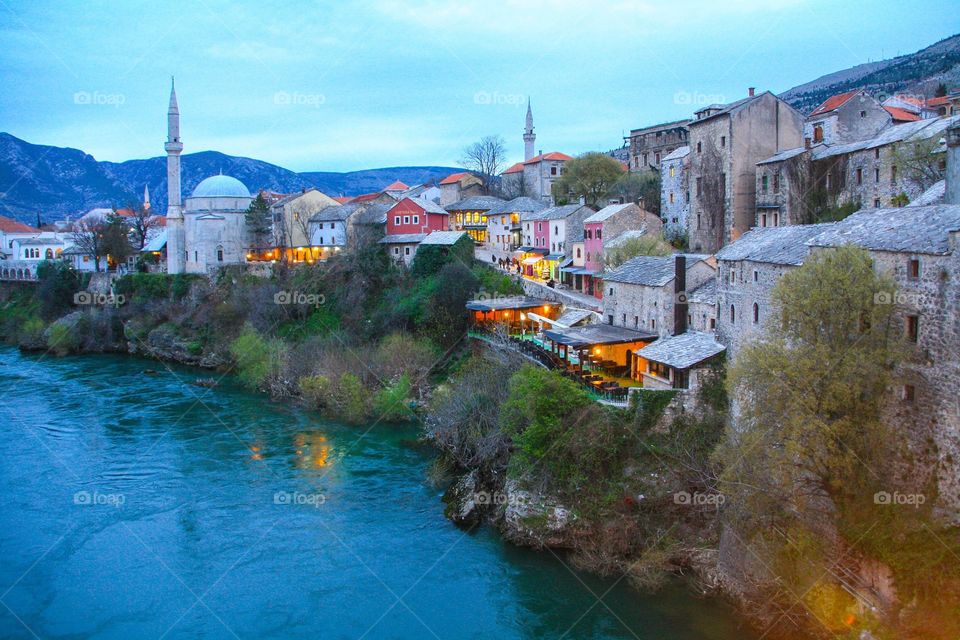 Mostar by night. Mostar by night as viewed from the Old Bridge. 