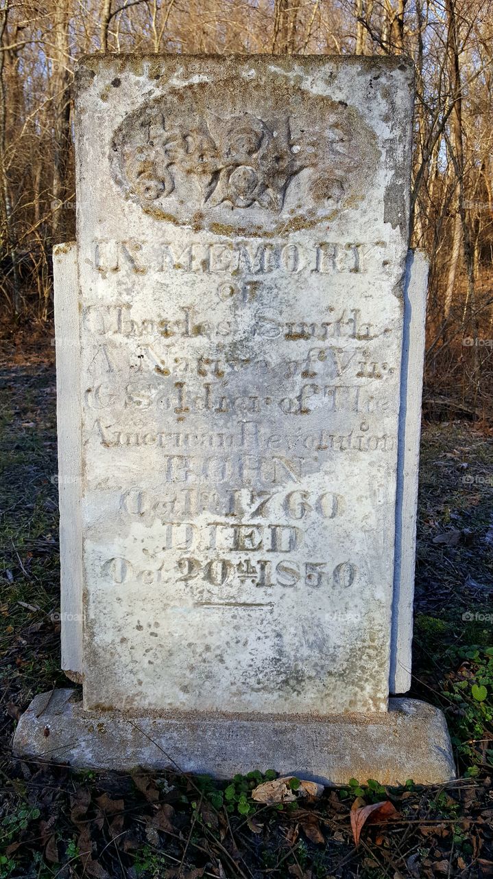 In Memory of Charles Smith, A Native of Vir. & Soldier of the American Revolution, Born Oct. (?) 1750, Died Oct. 20 1850. In small cemetery near Tuscumbia, MO.