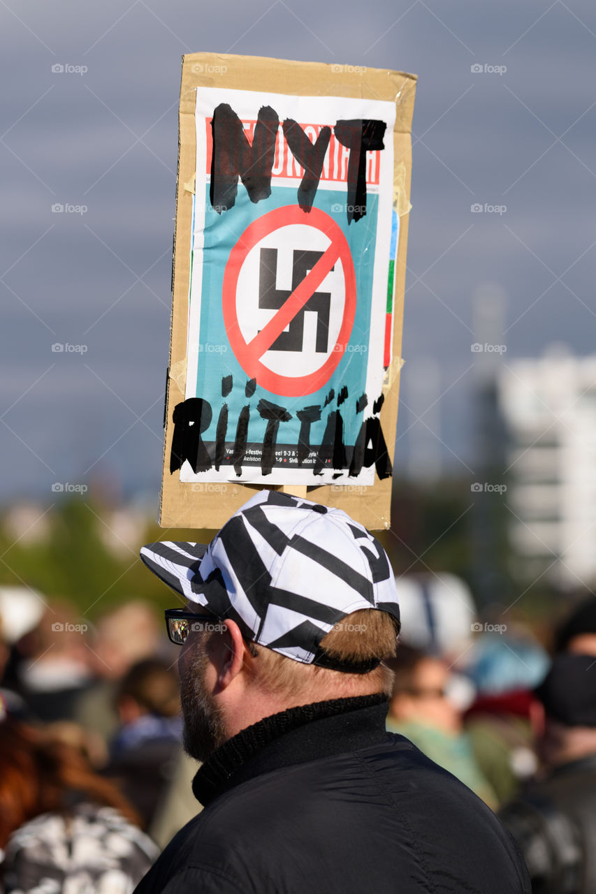 Helsinki, Finland - September 24, 2016: Peli poikki - Rikotaan hiljaisuus - protest rally against racism and right wing extremist violence in Helsinki, Finland on 24 September 2016.