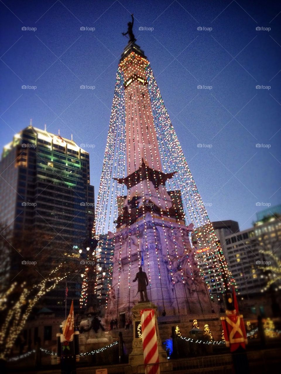 Christmas tree lights at monument circle Indianapolis Indiana.