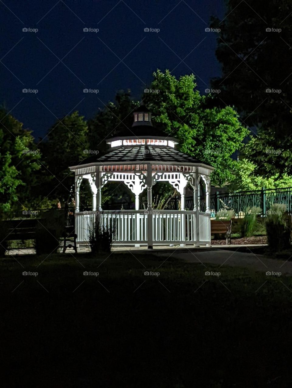 Lit up gazebo night