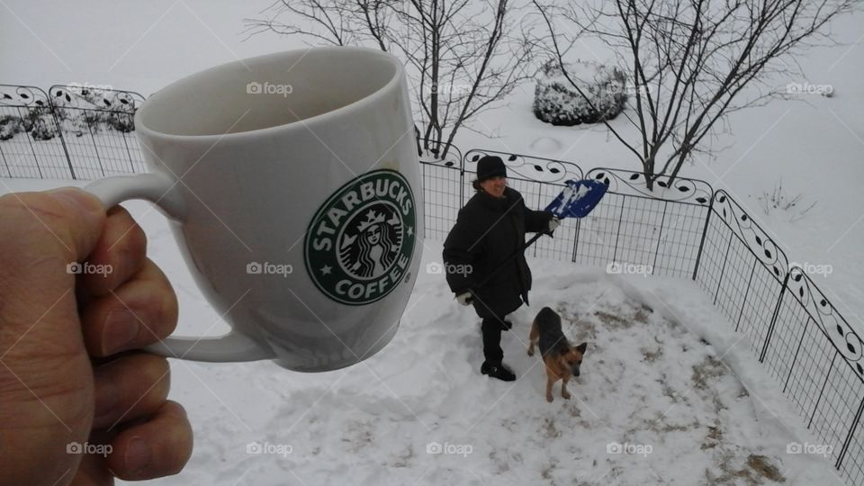 Hard at Work. ...havin' a cup...from high up... and a watchin' the progress!