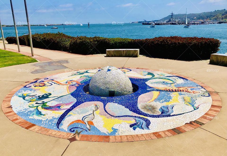 Mosaic walkway with San Diego bay in background 
