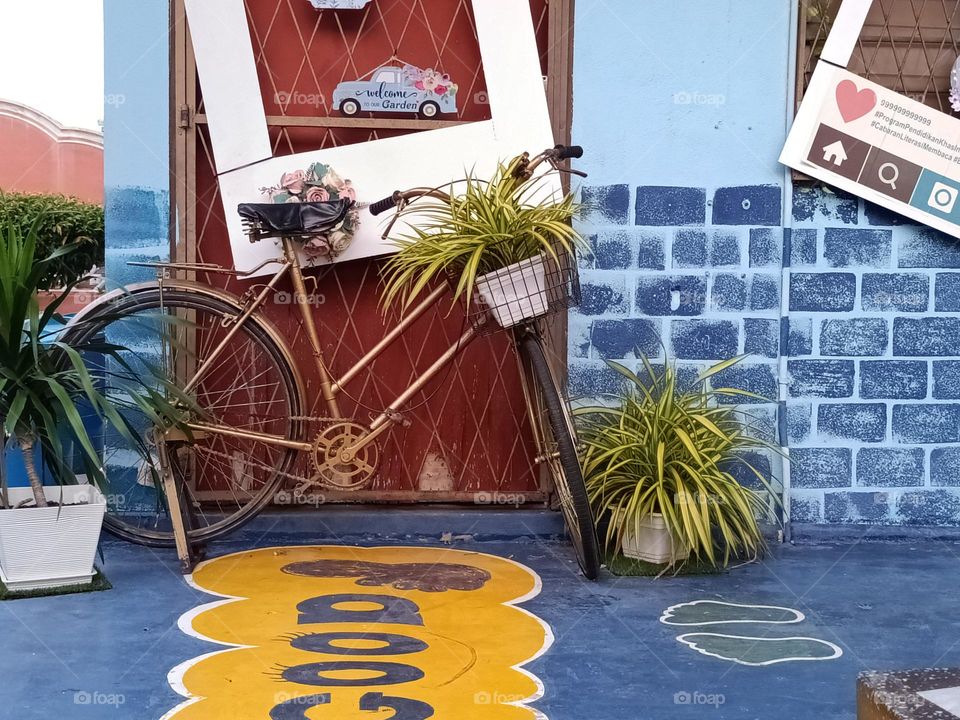 A beautiful garden decorated with a bicycle , pants , painted wall and painted  floor.Beautiful decorations.