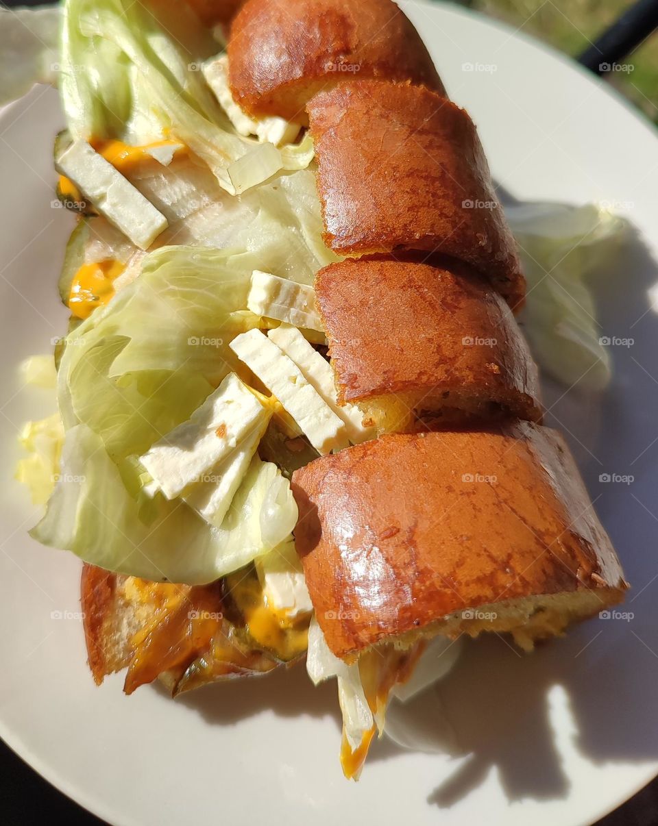 Garlic bread, burger