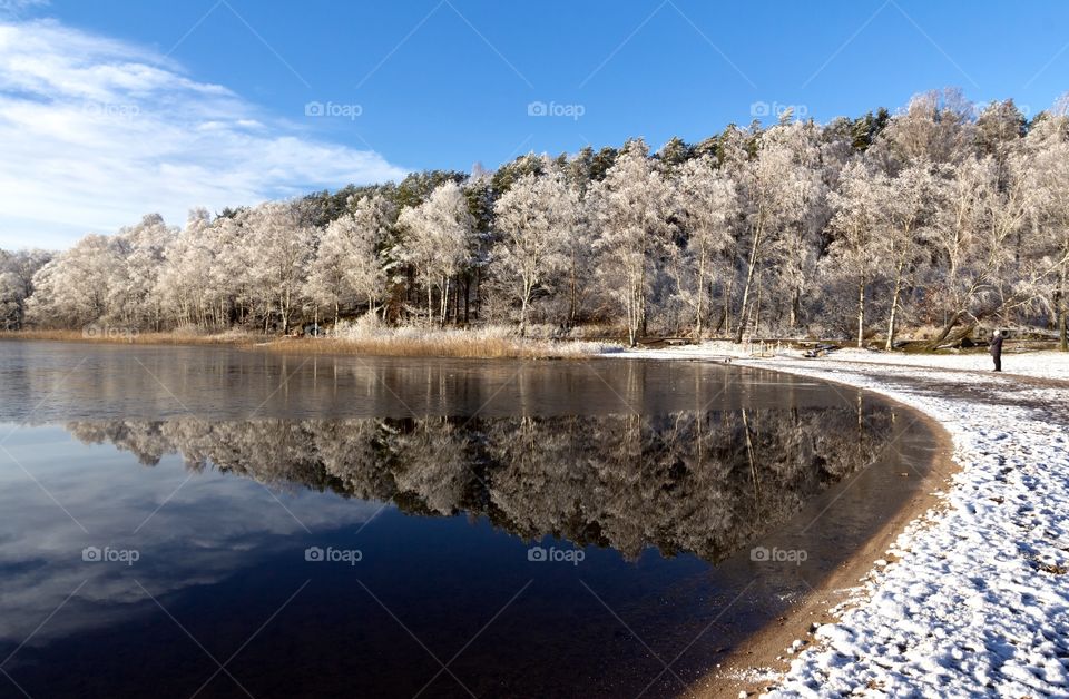 Beautiful reflection winter frost snow lake landscape ,  Härlanda tjärn reflektion snö vinter is snö Sverige 