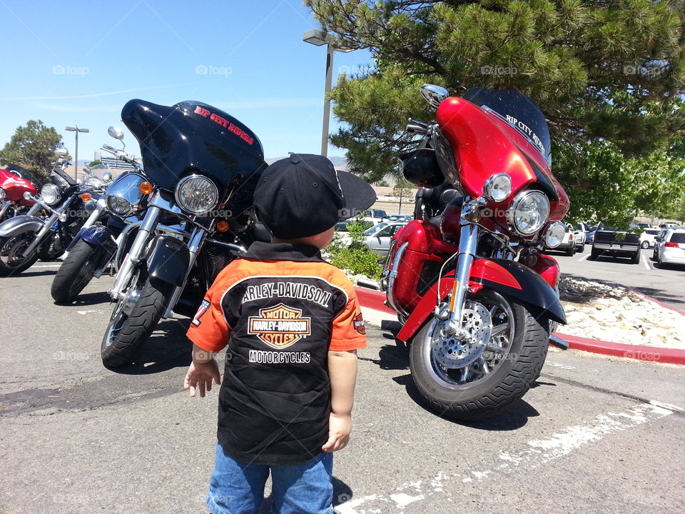future biker. my son admiring the Harley Davison motorcycles
