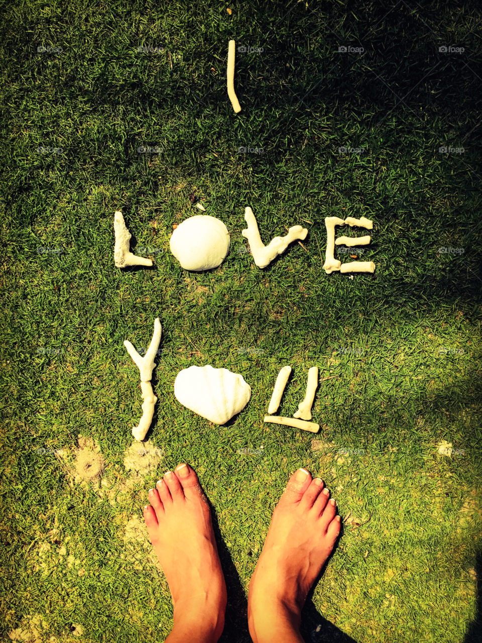 "I love you" sign formed using shells