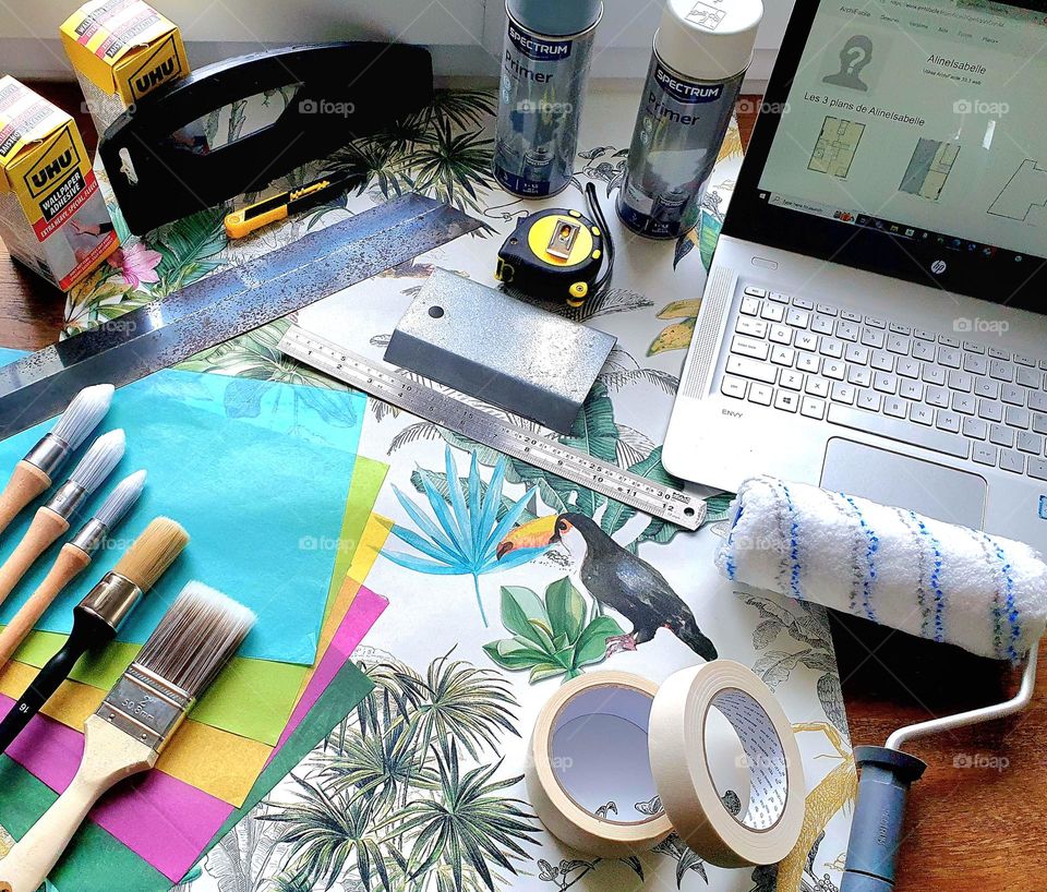 Flatlay of painting and wallpapering itemd