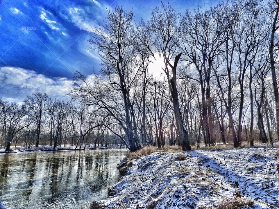 Reflection of bare tree in river against cloudy sky