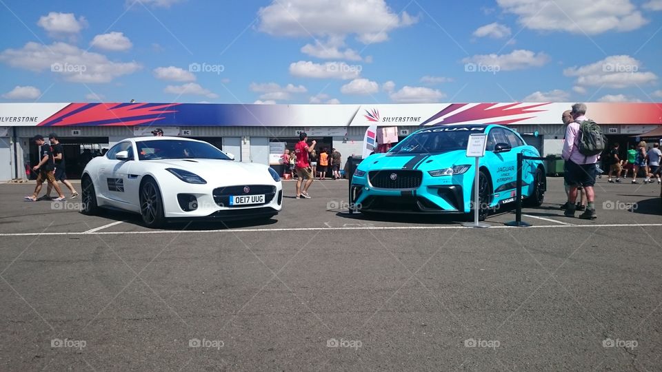 Jaguar iPace eTrophy and F-Type nose to nose at Silverstone Circuit