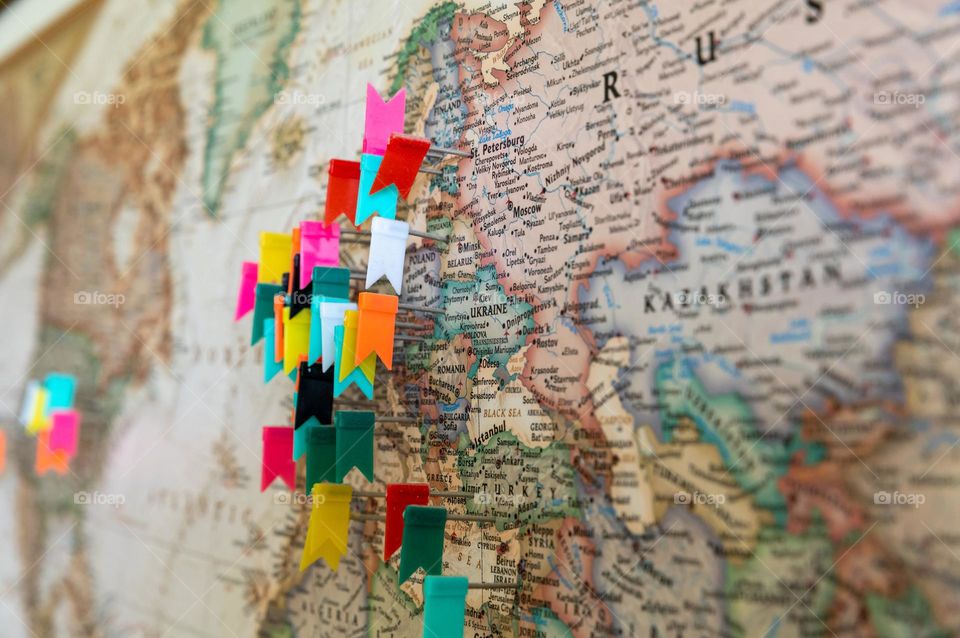 Push pin World Map Board, World Map, Travel Map Pin Board. Shallow depth of field focus on Ukraine.