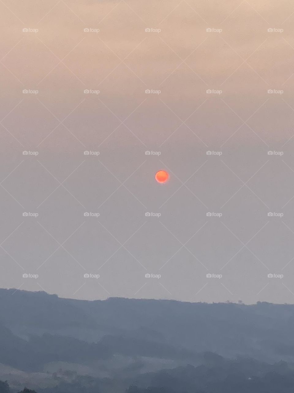 Escurecendo com pequeno sol no céu cinza com silhueta de mata.