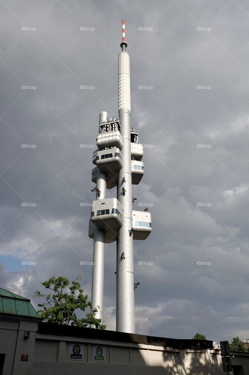 The famous Zizkov Television Tower, unique transmitter tower built in Prague between 1985 and 1992. The tower is an example of high-tech architecture.