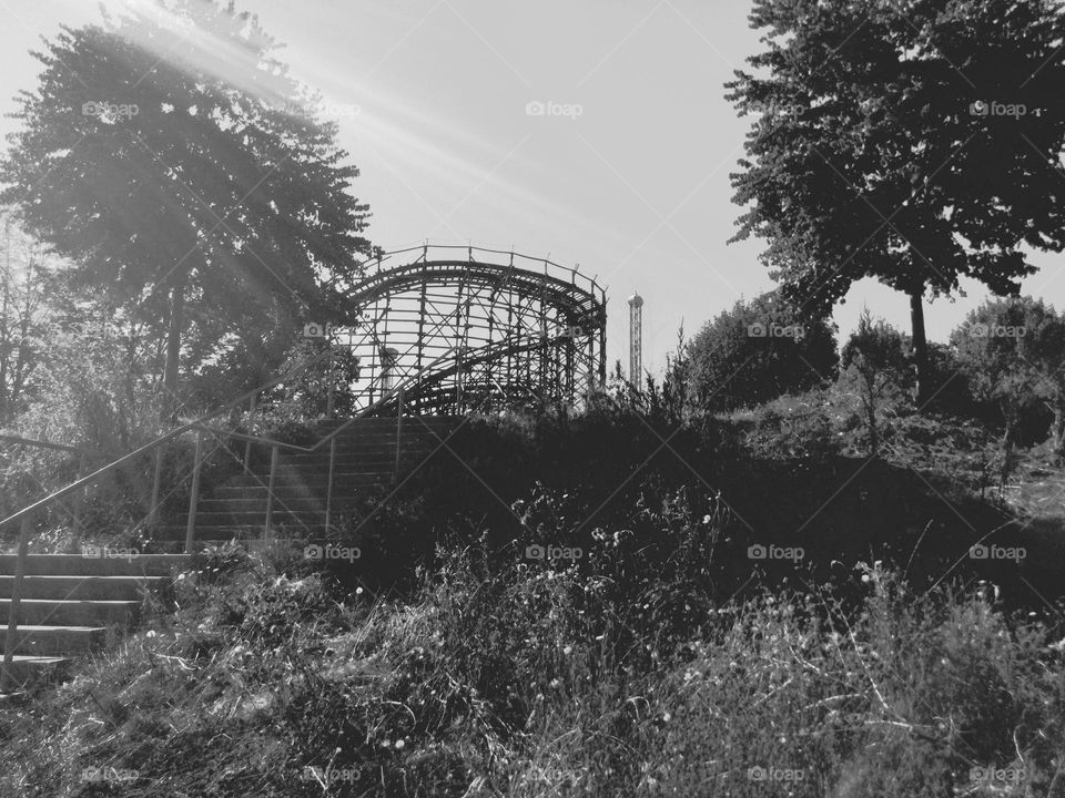 Black and White Photo of an Old Rollercoaster 
