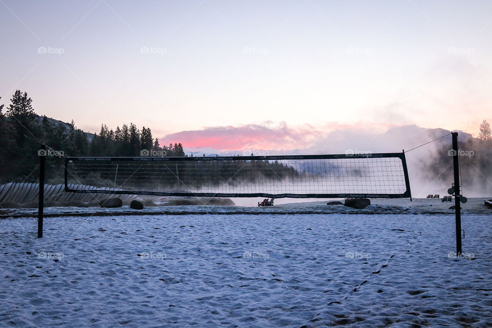 Snow covered volleyball court in June in the Sequoia National Park