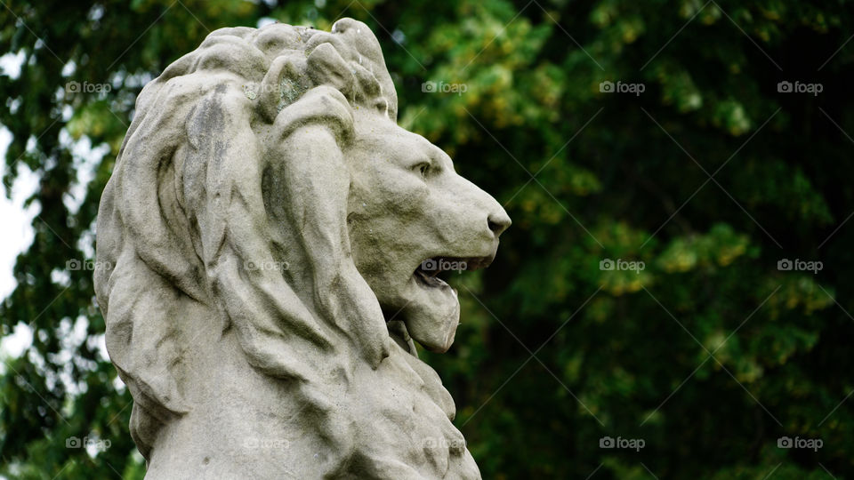 Headshot of a lion sculpture.