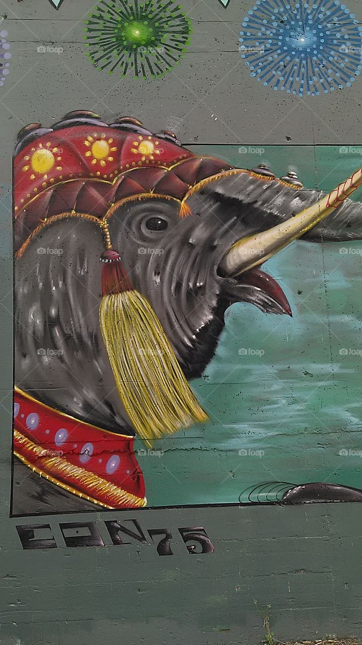 Circus elephant. Driving through the alley