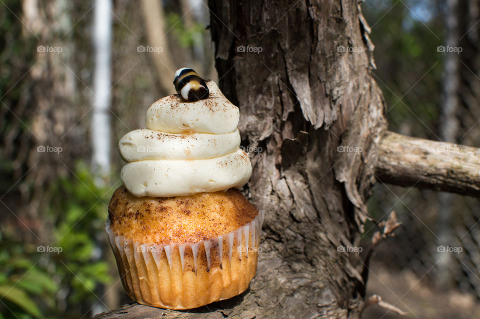 Bumblebee cupcake with nutmeg, cinnamon sprinkles on chocolate, caramel and marshmallow bee and vanilla buttercream frosting on tree in natural setting 