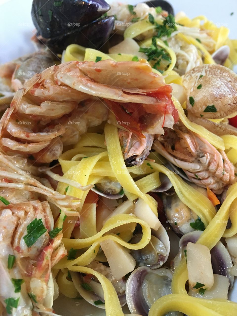 Tagliatelle, noodles with seafood 