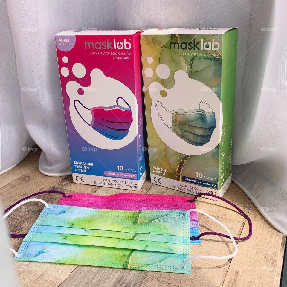 Disposable surgical mask in rainbow ombré and green twilight colours 