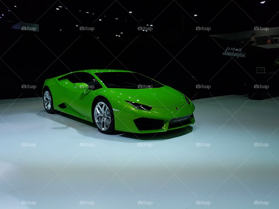 Green supercar Lamborghini Hurracan at Bangkok international motorshow 2017