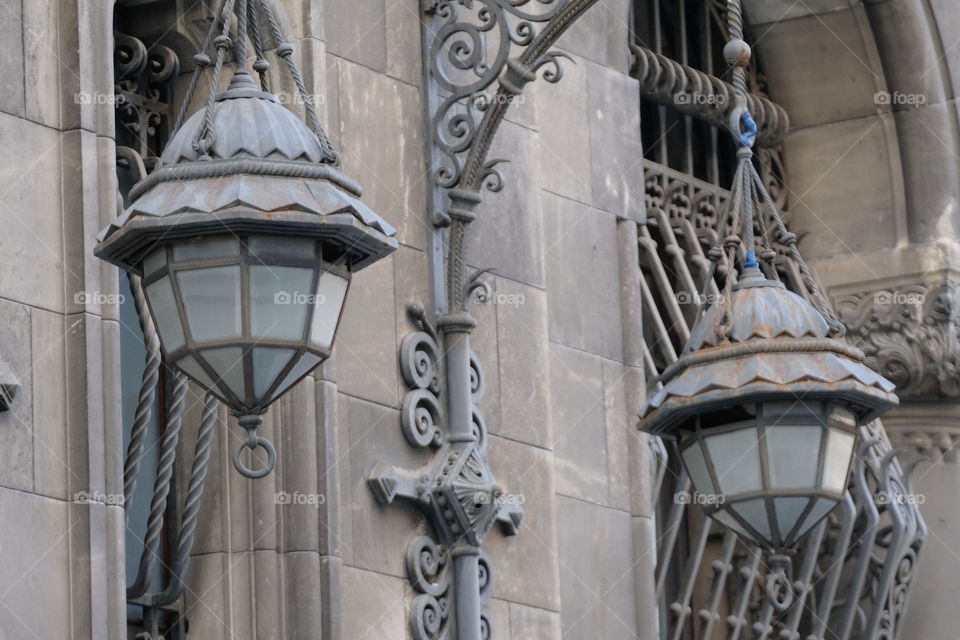 Old exterior wrought iron street lamps, neo-romanian style, Bucharest, Romania