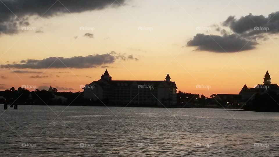 Grand Floridian Sunset 2. Sunset behind the Grand Floridian Resort on Seven Seas Lagoon