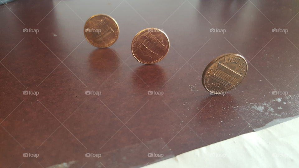 pennies on a desk