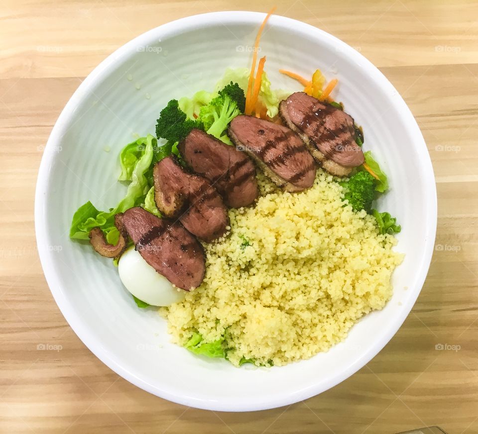 Smoke duck and cous cous salad