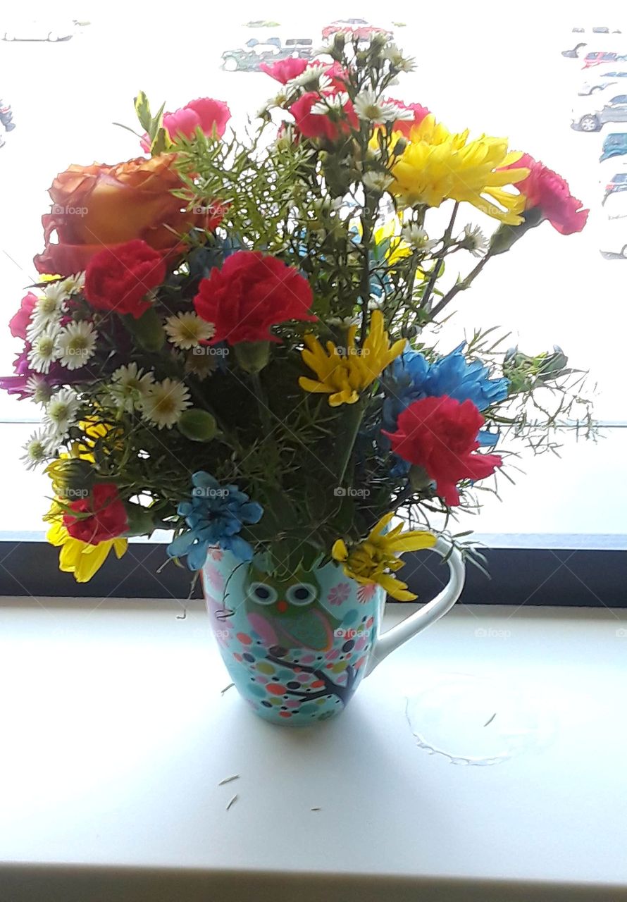 Flower Arrangement In Owl Mug On Window Sill