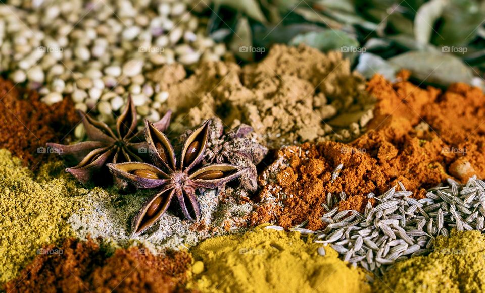 Selection of spices, seeds and leaves