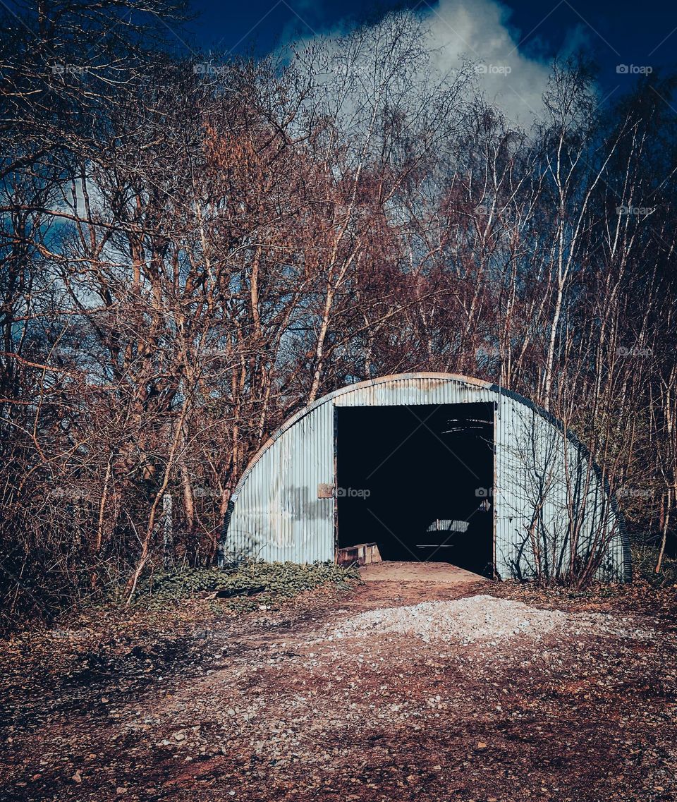 Abandoned barn in woods