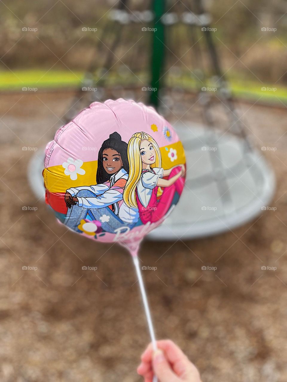 Barbie balloon at the park, toddler and mommy go to the park, hand holding balloon, Barbie the movie, Barbie balloon on a stick, making memories at the park