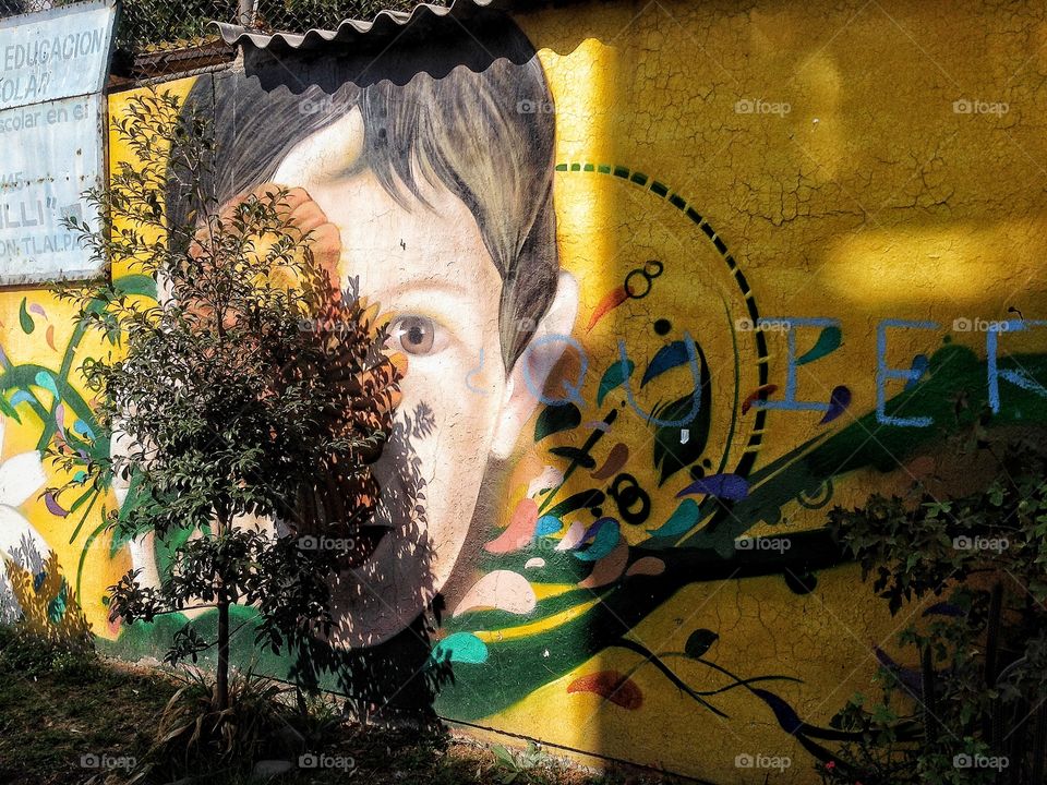 A mural painting of a boy grabbing a flower, covered by a flowered bush.