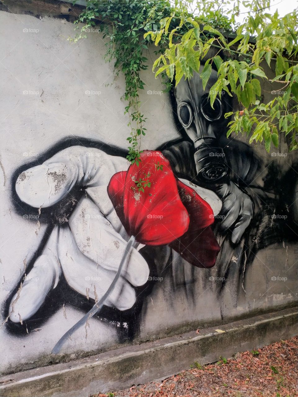 man in gas mask with red flower/mural/art