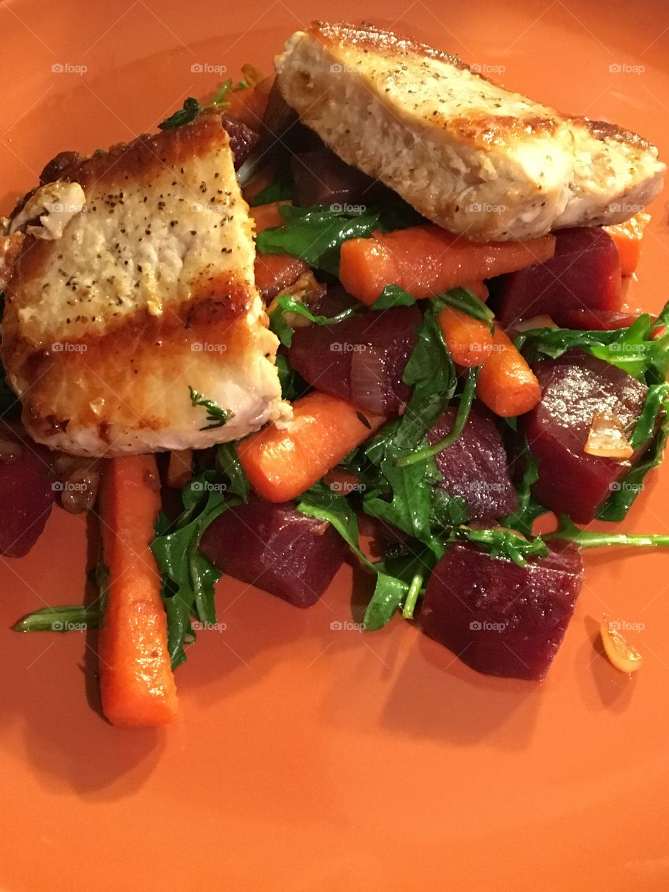 Blue Apron: Pork Chops with a Warm Red Beet, Carrot, and Arugala salad