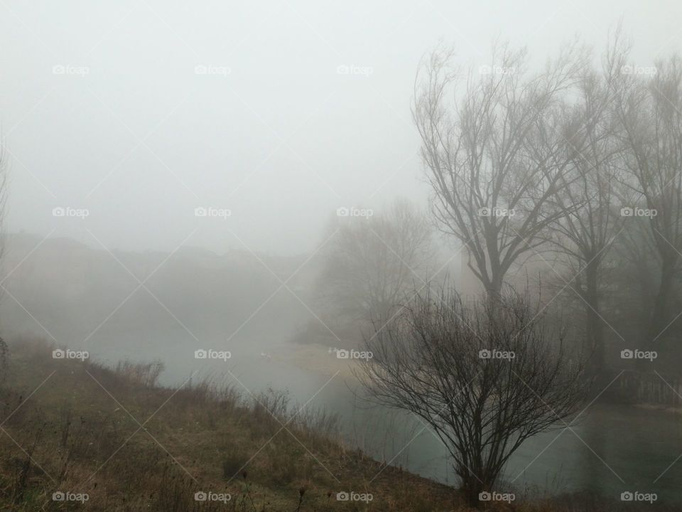 The fog rises from the river. Wonderful quiteness. Velino river, Rieti