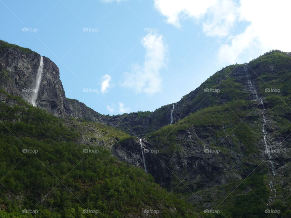 Scenic, distant waterfalls