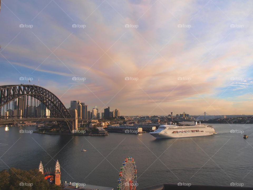 Cruise ship and harbor bridge at sydney, australia