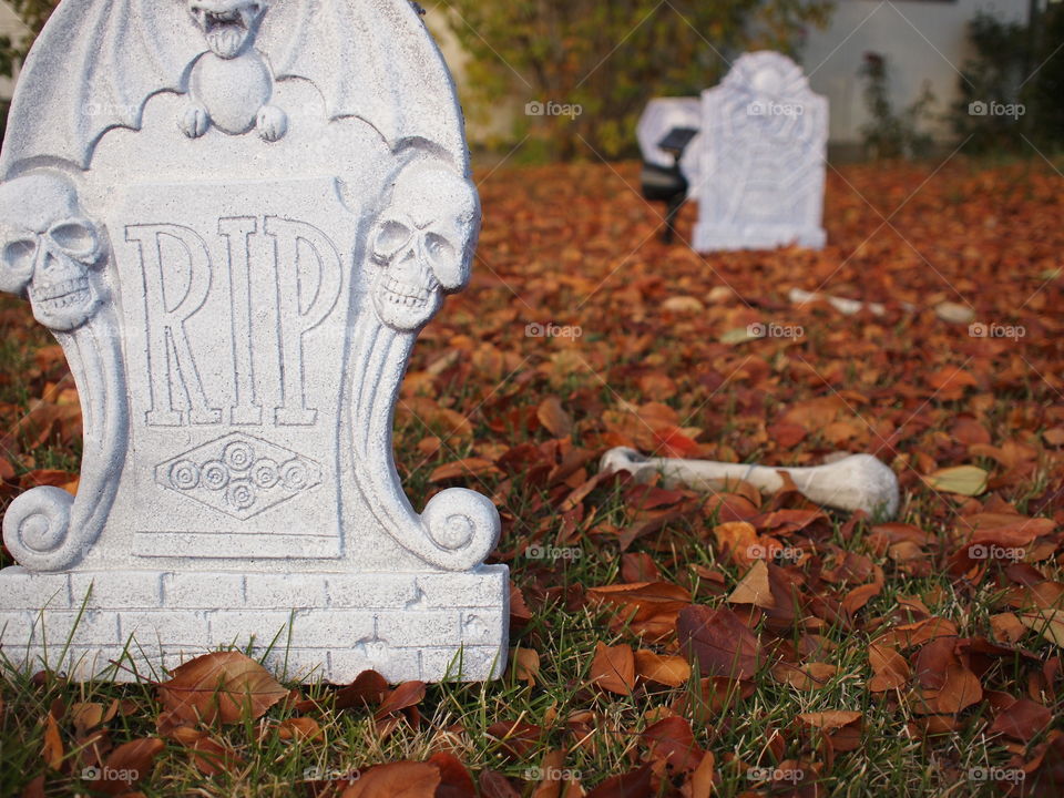Decorative tombstones and bone in a yard covered in leaves for Halloween. 