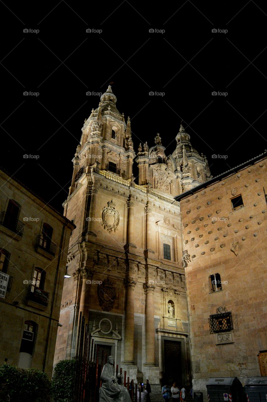 Night view of the Pontifical University and Casa de las Conchas in Salamanca, Spain.