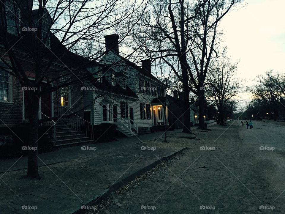 Colonial Williamsburg. Duke of Gloucester Street in Williamsburg at twilight