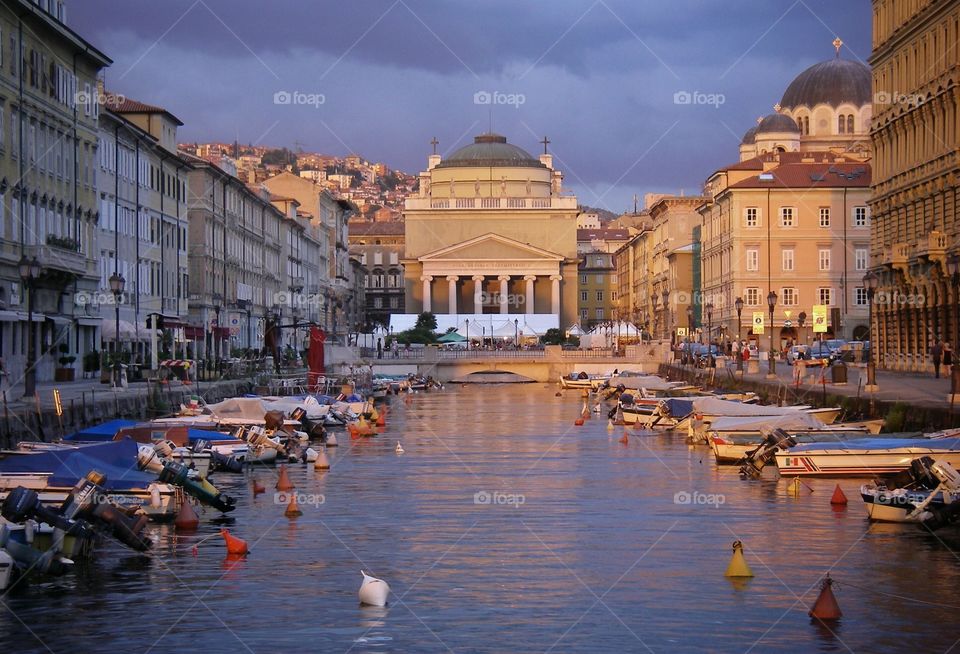 Canal Grande in Trieste. July evening in Trieste 2008, looking towards la chiesa di Sant'Antonio Taumaturgo