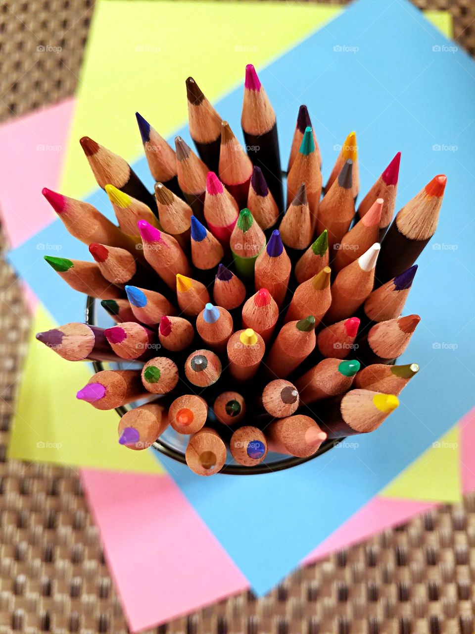 High angle view of colored pencils