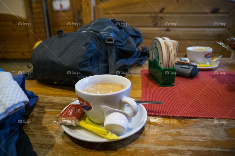 coffee on the wooden table on chalet