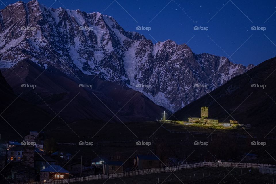 Night scene of cute village Ushguli Georgia 