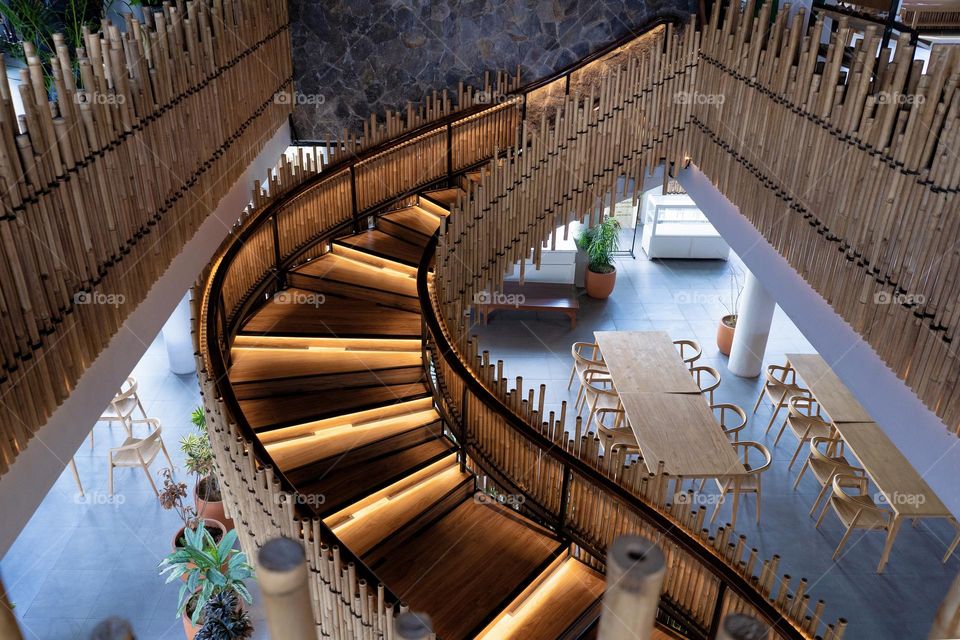 Stairway with lights in the cafe 