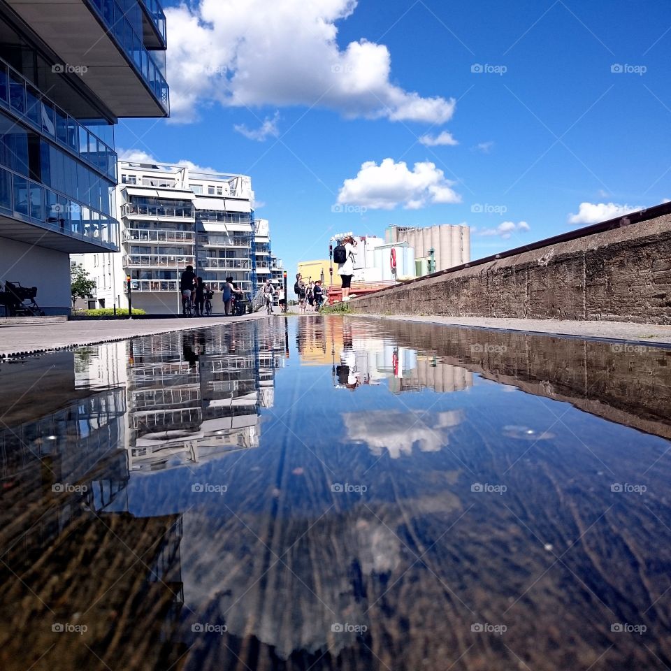 City reflection low angle. City reflection low angle